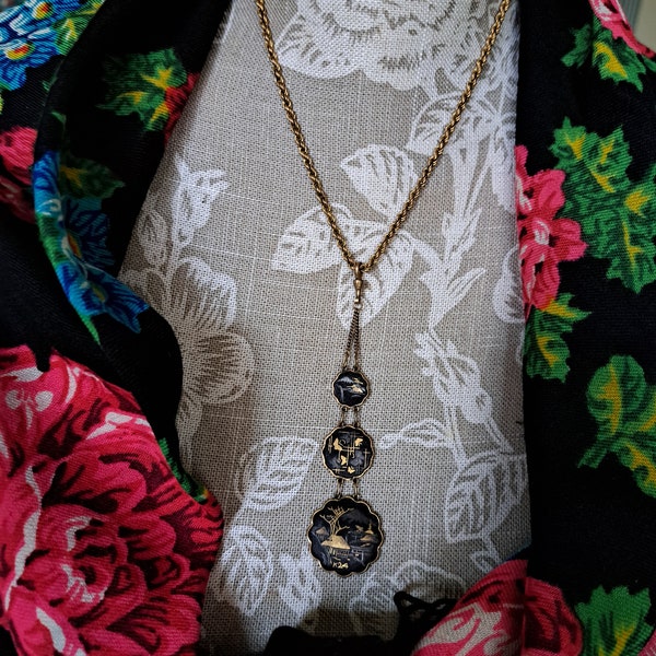 Art Deco Shakudo Pendant,Antique Japanese Necklace,Antique Damascene Pendant,Antique Japanese Shakudo Necklace,Gift for her,Gift for Mom