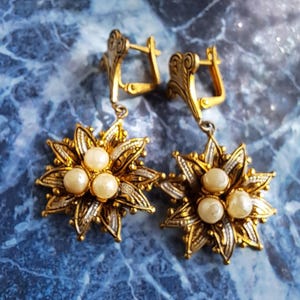 Vintage Damascene Earrings,Gift for her,Vintage Damascene  Pearl Earrings,Vintage Gold Earrings,Gift for Mum,Vintage Damascene Pearl Earring