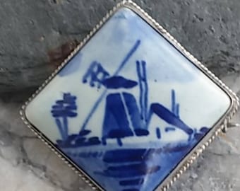 Vintage Delftse broche: Nederlandse molen, sterlingzilver, blauw en wit