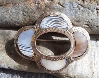 Broche ancienne en agate écossaise : épingle victorienne en argent sterling