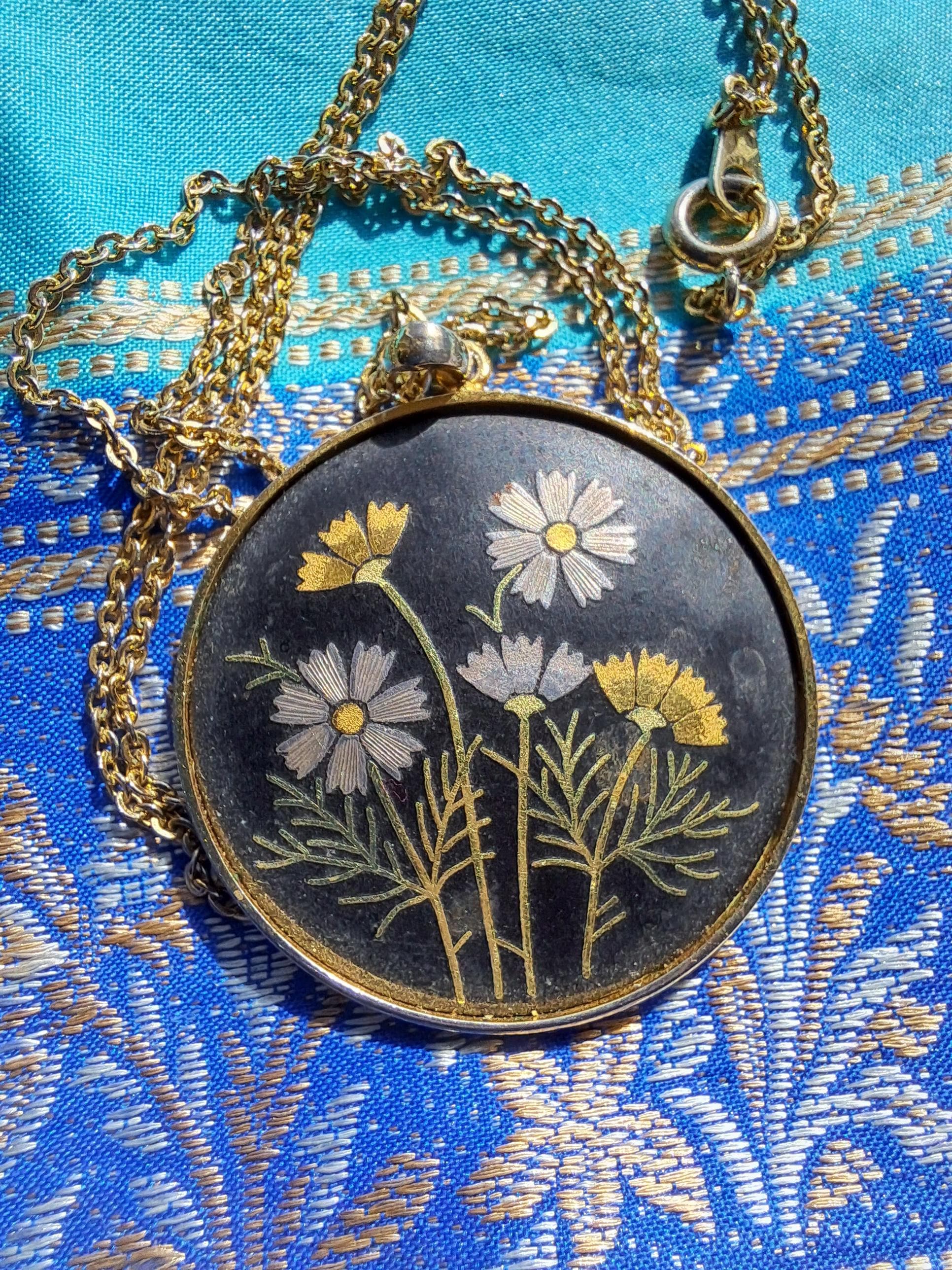 1950s Japanese Floral Pendant: Hand-painted Enamel Gold Tone