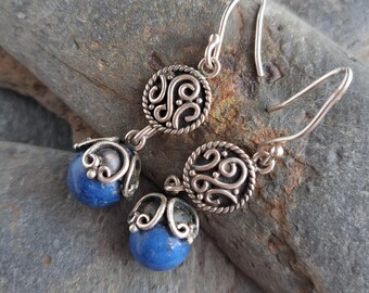 Vintage Indian Lapis Lazuli 925 Silver Drop Earrings