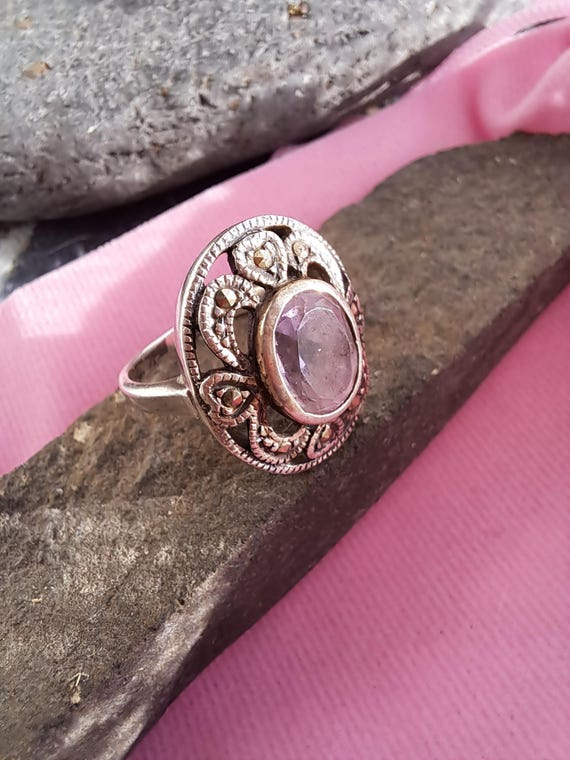 Bague Ancienne Art Déco En Argent 925 - Marcassites Et Améthyste - Taille 56 - Occasion
