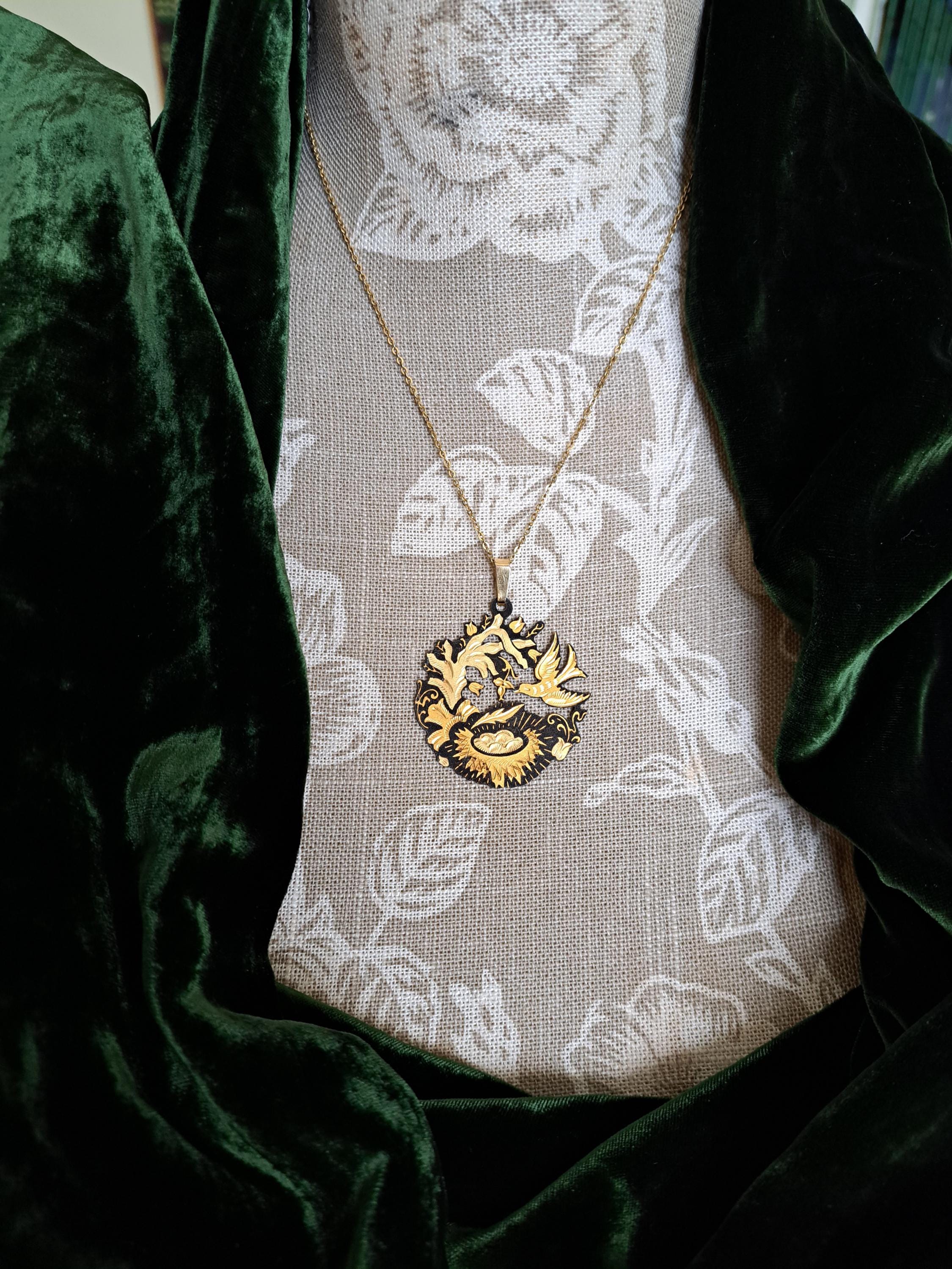 Pendentif Vintage Oiseau En Métal Doré Damasquiné - Bijou Ancien à Motif Animalier - Occasion