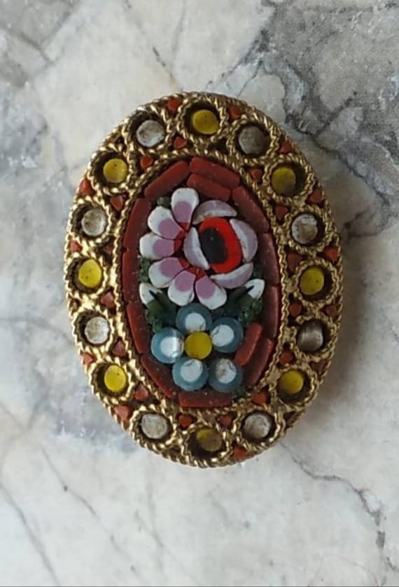 Rare Broche Ancienne Micro-mosaïque - French Antique Vintage - Métal