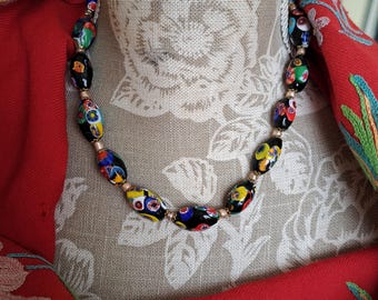 ヴィンテージ ムラーノガラスネックレス：ミルフィオリモザイクビーズ