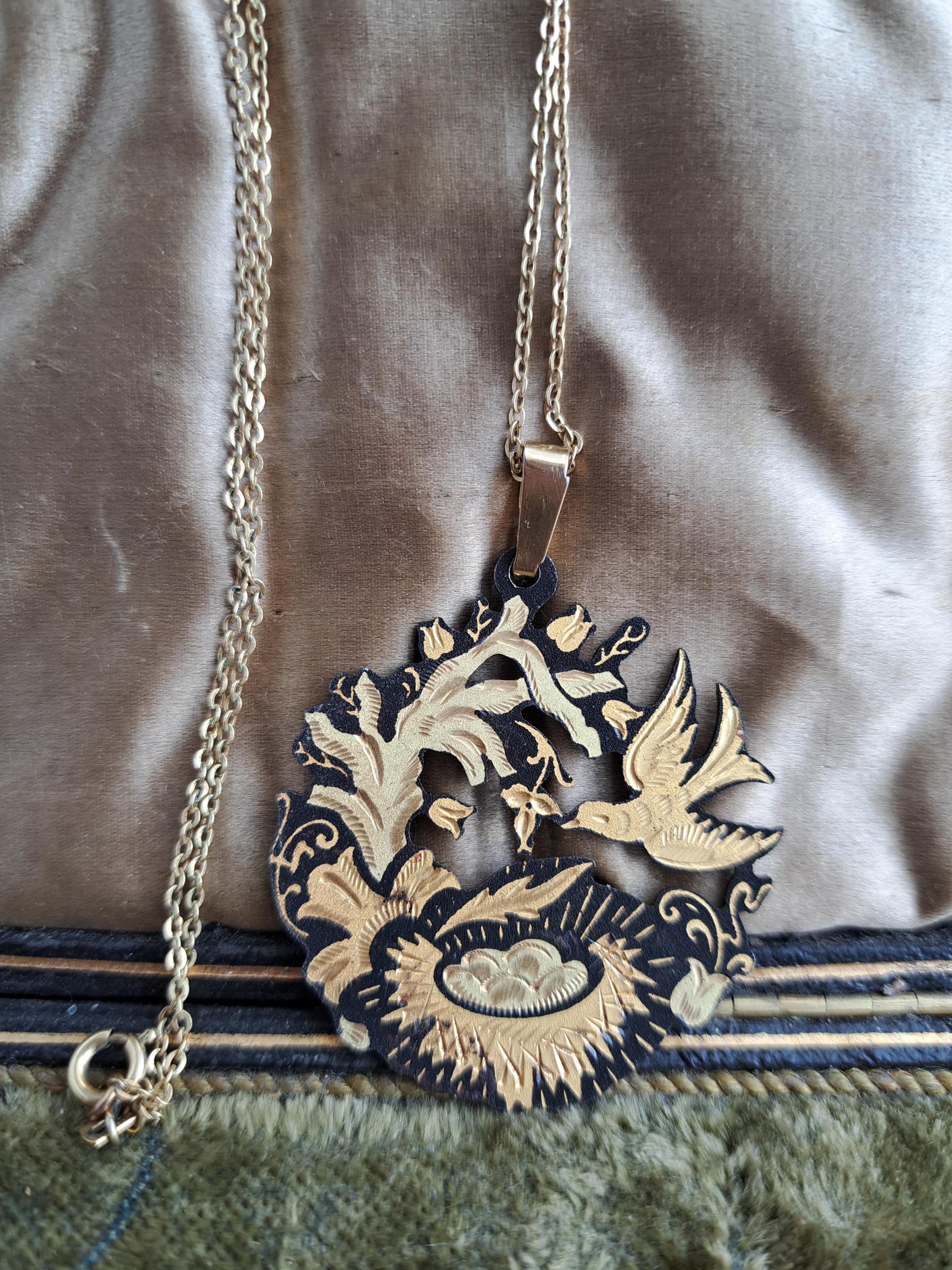 Pendentif Vintage Oiseau Doré - Bijou Damasquiné En Métal - Occasion