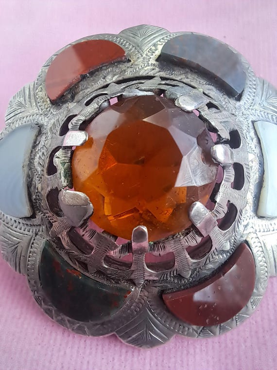 Large Victorian Scottish Agate Brooch: Sterling Silver Cairngorm