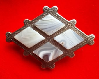 1900,Broche ancienne en agate écossaise : épingle victorienne en argent sterling