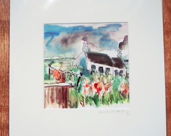 May include: A watercolor painting of a white cottage with a dark gray roof. The cottage is surrounded by green bushes and flowers. The sky is a dark blue with gray clouds. The painting is signed "Hamish and Mary's 21 20"