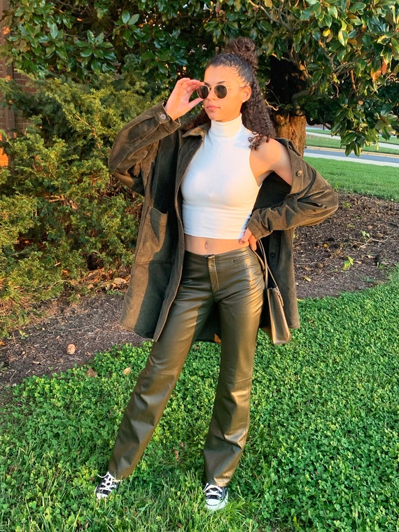 How to Wear Leather Pants, green leather cropped pants and print blouse |  Divine Style