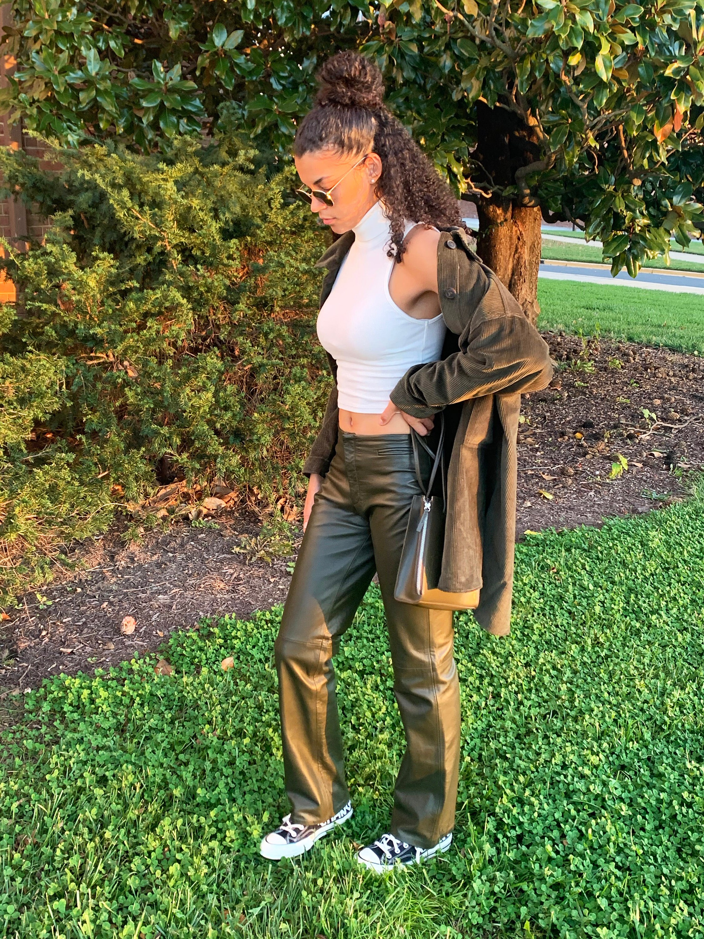 MILENTI Vintage Olive Green Leather Pants
