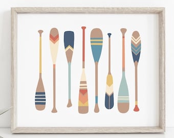 Paddle print - Painted canoe paddles, Oar art print, Colorful vintage nautical art, Lake house decor, Beach house decor, MAILED PRINT