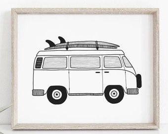 Surf van print, Black & white camper van poster, Cartoon drawing wall art, Beach house decor, Surf decor, Vintage car art, MAILED PRINT