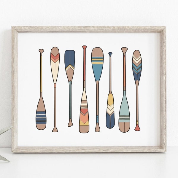 Paddle print, Painted canoe paddles poster, Kayak, Colorful vintage minimalist lake art, Beach house decor, Wall art, DIGITAL DOWNLOAD