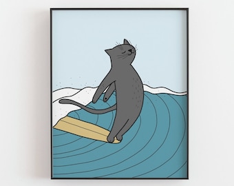 Impression de chat surfant - Poster animal drôle, chat noir, vague de l'océan, dessin animé de surf, décoration de chambre d'adolescent, art mural chaton, impression postale
