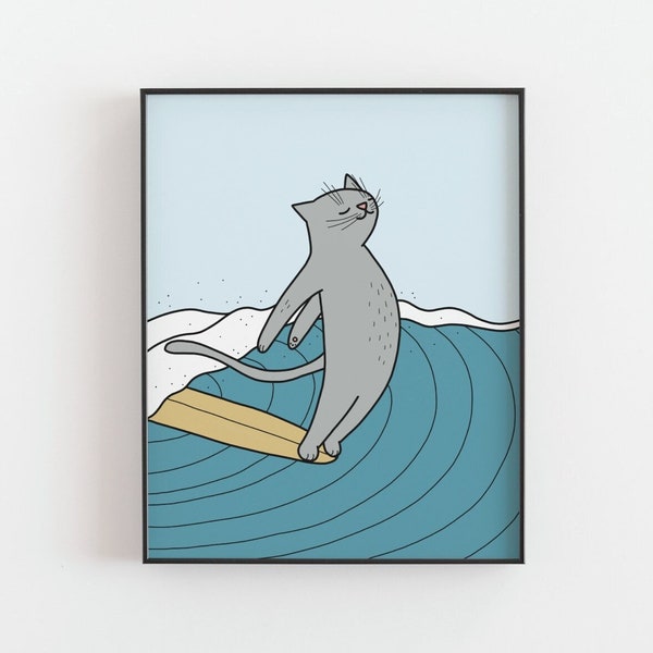 Surfing cat print, Surfing animal poster, Tabby cat, Surf art, Funny cartoon, Ocean wave beach house decor, Kitty wall art, DIGITAL DOWNLOAD