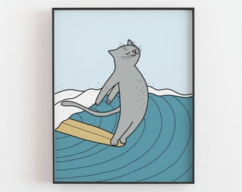 Impression de chat de surf, affiche d'animal de surf, chat tigré, art de surf, bande dessinée drôle, décor de maison de plage de vague d'océan, art de mur de chaton, MAILED PRINT