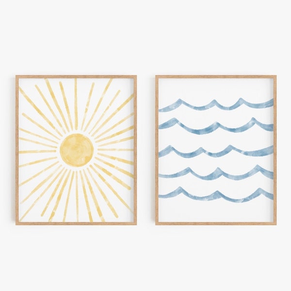Sun & sea print set, Sun and water poster set of 2, Ocean waves, Lake art, Pool art, Watercolor, Drawing, Wall art, Home decor, MAILED PRINT