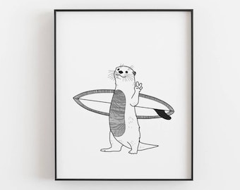 Surfing otter print, Surfing animal poster, Surf art, Funny cartoon, Ocean wave beach house decor, Nursery wall art, DIGITAL DOWNLOAD