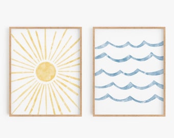 Sun & sea print set - Sun and water poster set of 2, Ocean waves, Lake art, Pool art, Watercolor, Wall art, Home decor, DIGITAL DOWNLOAD