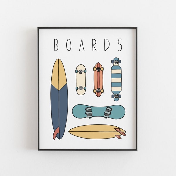 Wydruki na deskach – plakat z deską surfingową, snowboardem, deskorolką, longboardem, kolorowa sztuka ścienna, wystrój pokoju dziecięcego, wystrój domku na plaży, POBIERANIE CYFROWE