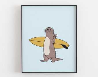 Surfing otter print - Surfing animal art, Funny animal poster, Otter surfer, Surf art, Beach house decor, Coastal nursery, MAILED PRINT