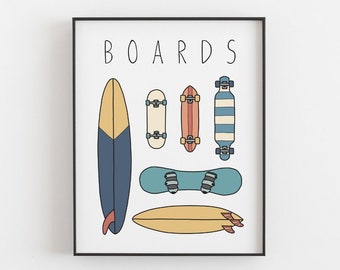 Boards Print - Planche de surf, snowboard, skateboard, affiche de longboard, Art mural coloré, Décoration de chambre pour enfants, Décoration de maison de plage, TÉLÉCHARGEMENT NUMÉRIQUE