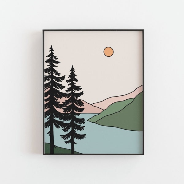 Sunset over the mountain print - River, Sea, Sun Pine tree poster, Pastel boho simple line art, Minimalist, Forest decor, MAILED PRINT