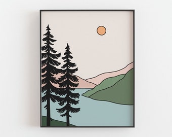 Sonnenuntergang über dem Berg Druck - Fluss, Meer, Sonne Kiefer Poster, Pastell Boho einfache Linie Kunst, Minimalist, Walddekor, DIGITAL DOWNLOAD
