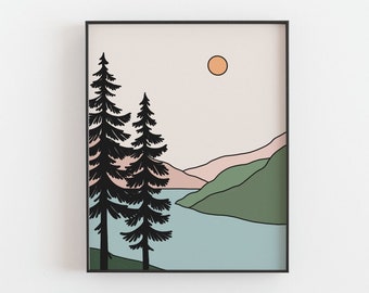 Sunset over the mountain print - River, Sea, Sun Pine tree poster, Pastel boho simple line art, Minimalist, Forest decor, MAILED PRINT