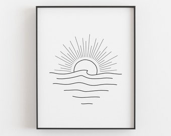 Simple sunset print - Surf wave poster, Line drawing, Minimalist beach house decor, Coastal art, Sunrise wall art, DIGITAL DOWNLOAD