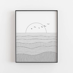 Impresión de puesta de sol - Póster del océano, Arte paisajístico abstracto de mediados de siglo, Arte lineal minimalista, Decoración de casa de playa, Arte de pared moderno, DESCARGA DIGITAL