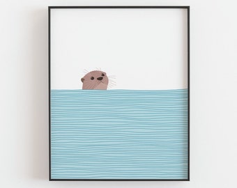 Otter print, River otter popping out of the water poster, Mountain nursery poster, Ocean beach house decor, Home decor art, DIGITAL DOWNLOAD