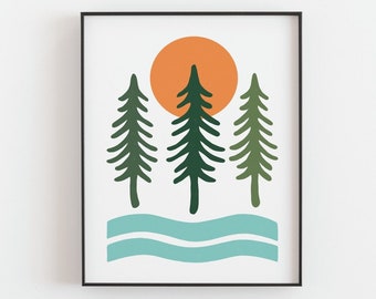 Pine trees, sunset and sea print, Forest poster, Minimalist vintage travel poster, Wall art, Cottage decor, Woodland wall art, MAILED PRINT