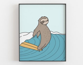 Surfing sloth print - Surfing animal art, Funny animal poster, Sloth surfer, Surf art, Beach house decor, Coastal nursery, MAILED PRINT