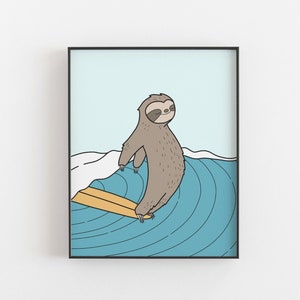 Impresión de perezoso surfista - Arte de animales surfistas, Póster de animales divertidos, Surfista perezoso, Arte de surf, Decoración de casa de playa, Guardería costera, DESCARGA DIGITAL