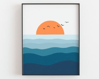 Impression coucher de soleil - affiche de coucher de soleil sur l'océan, oiseaux de mer, vague, décoration minimaliste lumineuse d'art mural côtier de maison de plage, art de maison de plage, TÉLÉCHARGEMENT NUMÉRIQUE