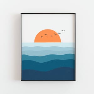 Sonnenuntergang Druck - Ozean Sonnenuntergang Poster, Seevögel, Welle, helle minimalistische Strandhaus Küstenwand Kunst, Strandhaus Kunst, DIGITAL DOWNLOAD