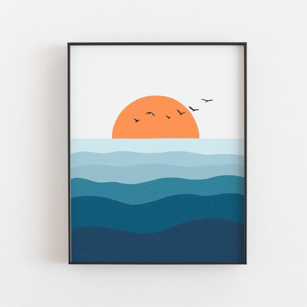 Sunset print - Ocean sunset poster, Seabirds, Wave, Bright minimalist beach house coastal wall art decor, Beach house art, DIGITAL DOWNLOAD