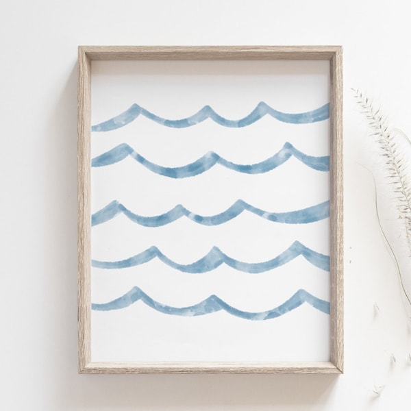 Wave print - Simple ocean poster, Minimalist seascape, Lake art, Blue watercolor art, Beach house decor, Coastal wall art, MAILED PRINT