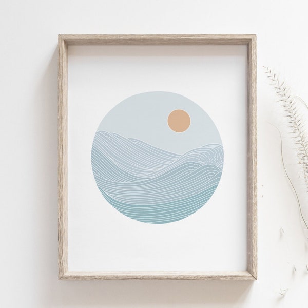 Sunset print, Ocean sunset poster, Turquoise boho simple line japanese wave, Minimalist beach house decor, MAILED PRINT