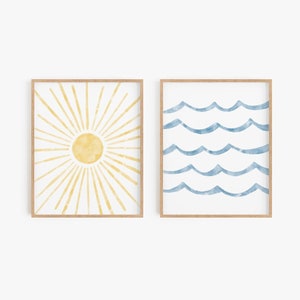 Meer & Sonne Print-Set - Sonne und Wasser Poster Set von 2, Ozeanwellen, See Kunst, Pool Kunst, Aquarell, Wandkunst, Wohnkultur, DIGITAL DOWNLOAD