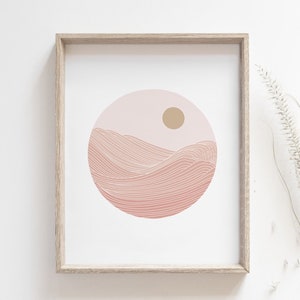 Sunset print - Japanese wave poster, Ocean sunset, Mountain sunrise, Pastel minimalist beach house decor, Beach house print, MAILED PRINT