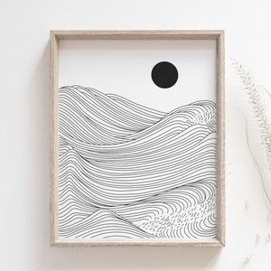 Sunset print, Ocean sunset poster, Black and white simple line japanese wave, Minimalist beach house decor, Office wall art, MAILED PRINT