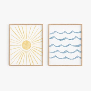 Sun & sea print set, Sun and water poster set of 2, Ocean waves, Lake art, Pool art, Watercolor, Drawing, Wall art, Home decor, MAILED PRINT