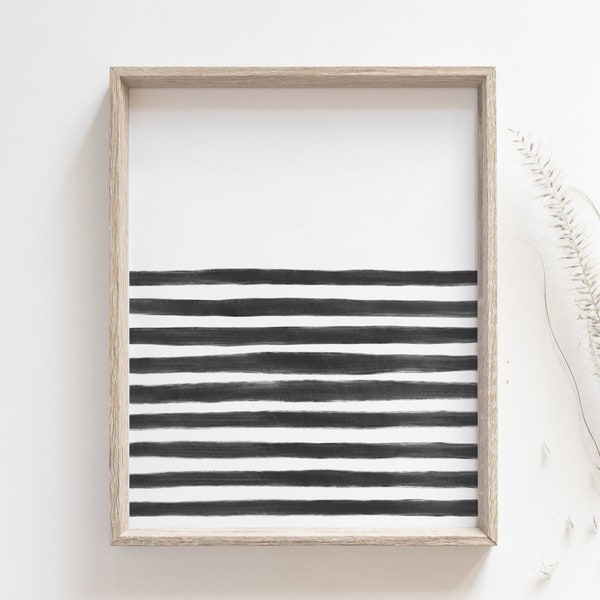 Abstract ocean print - Nautical stripes poster, Black & white watercolor art, Minimalist beach house decor, Modern wall art, MAILED PRINT