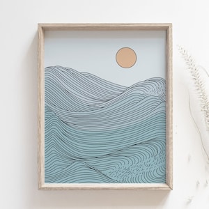 Sunset print - Japanese ocean art poster, Seaside illustration, Simple line wave drawing, Boho wall decor, Beach house decor, MAILED PRINT