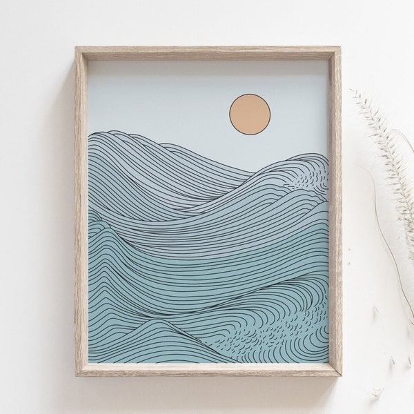 Sunset print - Japanese ocean art poster, Seaside illustration, Simple line wave drawing, Boho wall decor, Beach house decor, MAILED PRINT