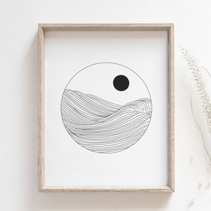 Sunset print Japanese ocean art poster, Seascape art, Simple line wave drawing, Boho wall decor, Beach house decor, DIGITAL DOWNLOAD image 1